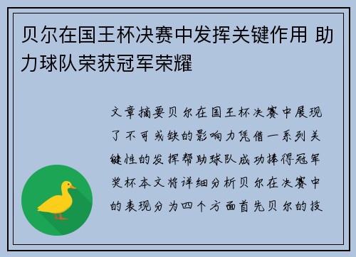 贝尔在国王杯决赛中发挥关键作用 助力球队荣获冠军荣耀