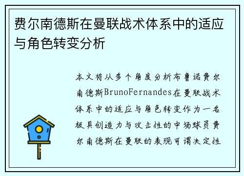 费尔南德斯在曼联战术体系中的适应与角色转变分析
