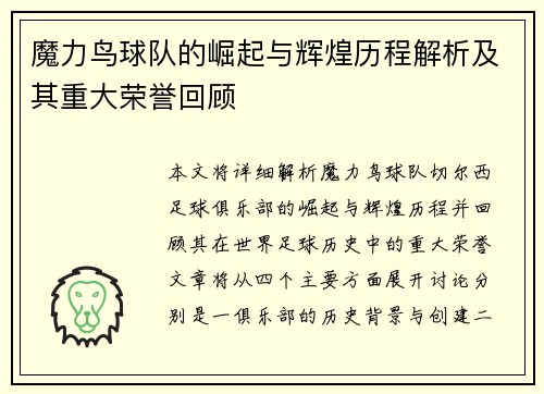 魔力鸟球队的崛起与辉煌历程解析及其重大荣誉回顾