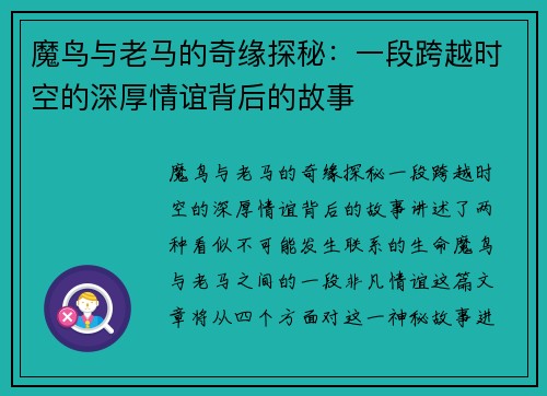魔鸟与老马的奇缘探秘：一段跨越时空的深厚情谊背后的故事